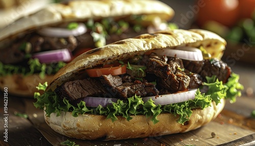 Delicious steak sandwich with fresh lettuce sliced onions and tomatoes on crusty bread. Gourmet close-up of juicy meat sub.