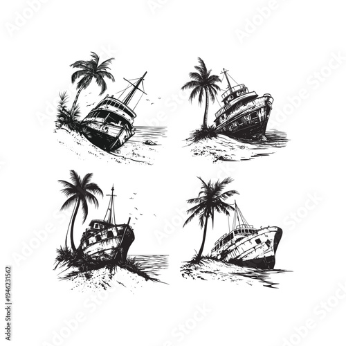 Vintage hand-drawn illustration set of shipwrecked wooden boats stranded on a tropical beach with palm trees.