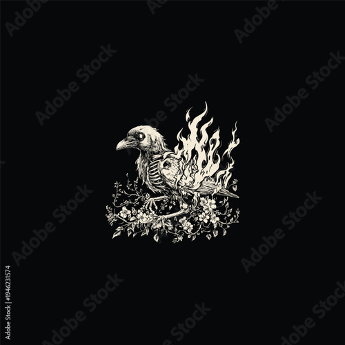 Vintage hand-drawn illustration of a skeletal crow on fire surrounded by delicate flowers, dark gothic aesthetic art.