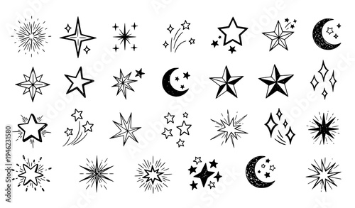 Hand drawn gold star sparkle sticker collection with magic twinkle moon and cute space doodles vector