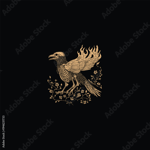 Vintage hand-drawn illustration of a skeletal crow on fire surrounded by delicate flowers, dark gothic aesthetic art.