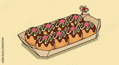 Illustration of Japanese Takoyaki Octopus Balls in a Paper Boat