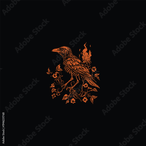 vintage-style engraving of a skeletal crow or raven perched on a flowering branch with a flickering flame in the background, set against a solid black backdrop.
