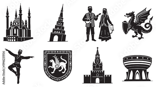 Collection of stylized black and white icons representing cultural symbols, landmarks, and traditional figures.