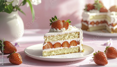Delicious strawberry shortcake slice with fresh berries and cream elegantly presented on a plate against a soft pink backdrop