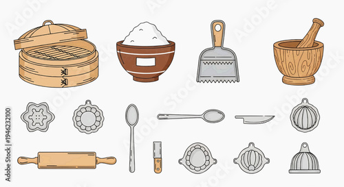Collection of kitchen utensils and baking tools for preparing food and desserts