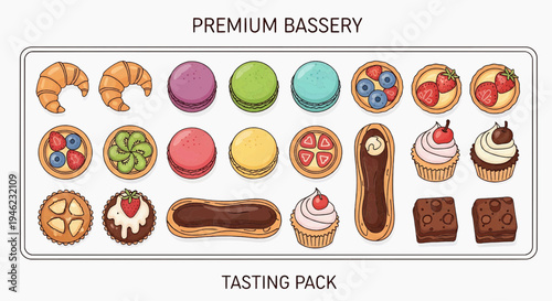A delightful assortment of French pastries and baked goods, perfect for a premium tasting experience, featuring croissants, macarons, tarts, eclairs, and brownies
