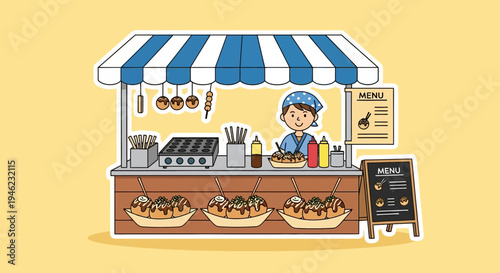 Japanese Takoyaki Street Food Stall with Chef Illustration