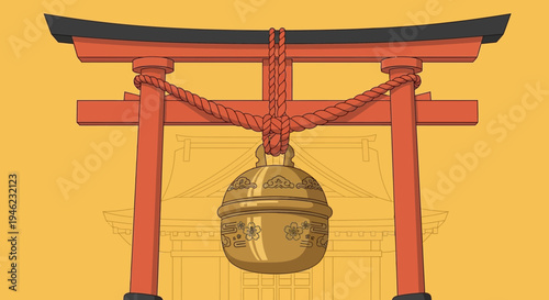 Japanese Torii Gate and Suzu Bell Illustration