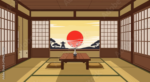 Pixel Art Japanese Room with Sunset View