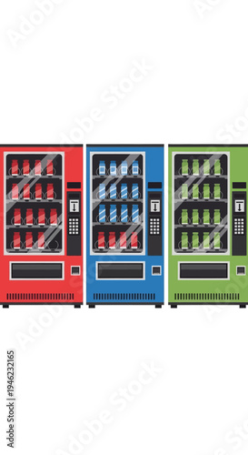 Set of Three Colorful Vending Machines with Refreshing Drinks