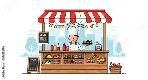Street Food Stall with Chef Serving Snacks