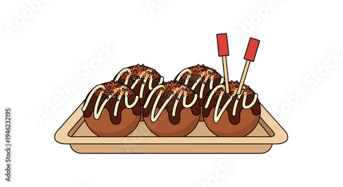 Takoyaki Octopus Balls on a Tray Vector Illustration