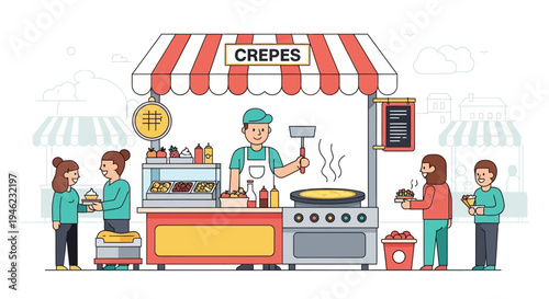 Street Food Vendor Making Fresh Crepes at a Market Stall