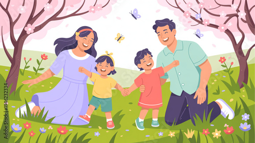 Vector illustration of happy family with two children playing outdoors in spring