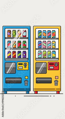 Flat Vector Illustration of Two Colorful Vending Machines with Soda Cans
