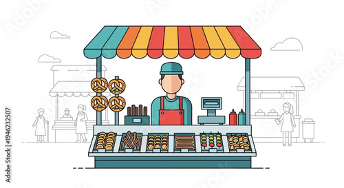 Street Food Vendor Stall with Snacks and Pretzels