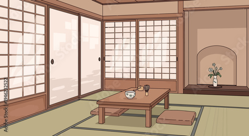 Traditional Japanese Room Interior with Tatami Mats and Shoji Screens