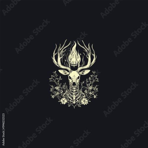 A mystical hand-drawn illustration of a deer skull with large antlers, featuring a burning flame between the horns and surrounded by delicate floral vines