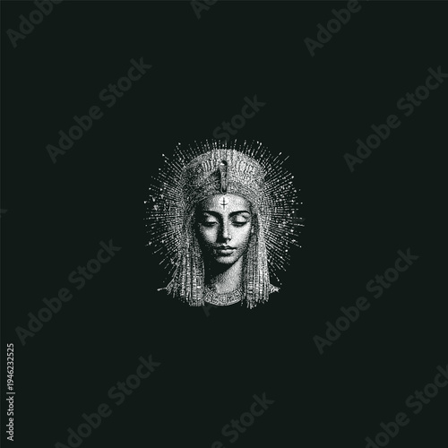 Vintage engraved style illustration of an Ancient Egyptian queen or goddess with a glowing halo, isolated on a dark background.