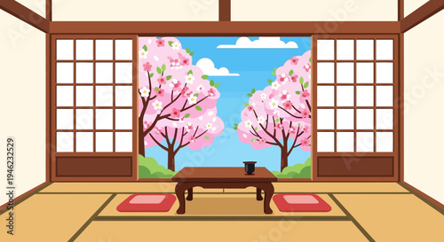 Traditional Japanese Room with Cherry Blossom View
