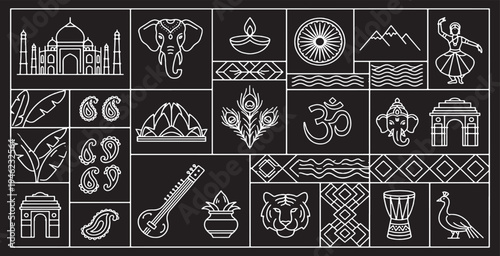 Collection of Indian cultural symbols and icons in a geometric pattern on a black background.