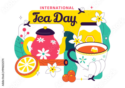 International Tea Day Vector Illustration With Teapot Cup Lemon Honey Herbal Ingredients, Cozy Beverage Celebration Concept, Colorful Drink Design