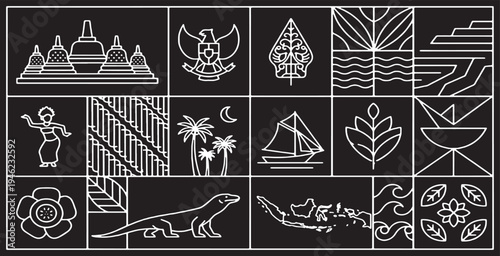 Collection of Indonesian cultural symbols and landmarks presented in a minimalist line art style on a black background.