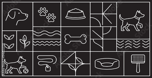 Collection of line art icons representing various aspects of dog care and ownership, presented on a dark background.