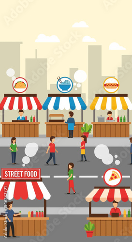 Street Food Market Stalls with People and Cityscape Background