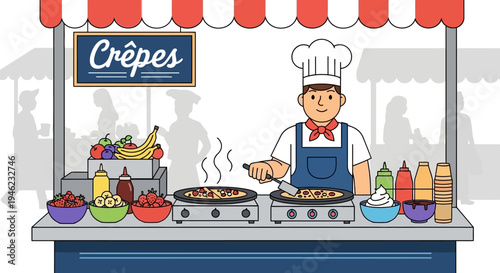 Street Food Vendor Cooking Fresh Crepes at Market Stall