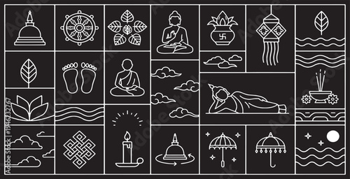 Collection of Buddhist symbols and icons in a clean, minimalist line art style on a dark background.