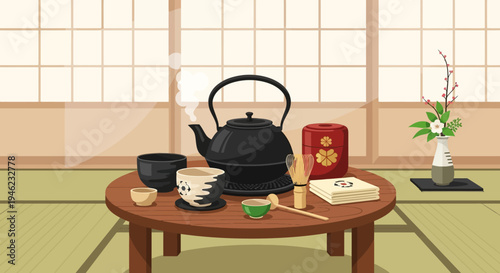 Traditional Japanese Tea Ceremony Setup with Matcha and Teapot