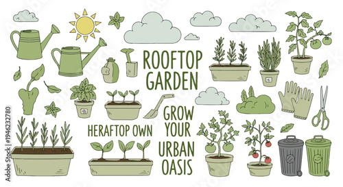 A collection of green plants and gardening tools for urban rooftop gardening.