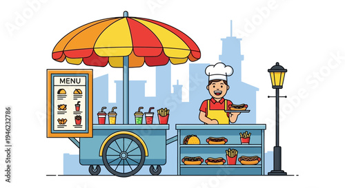 Street Food Vendor Selling Fast Food from a Cart Illustration