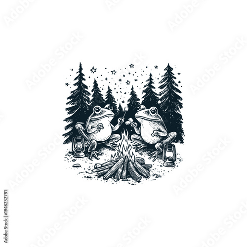 Vintage style hand-drawn illustration of two cute frogs roasting marshmallows over a campfire in a pine forest at night.