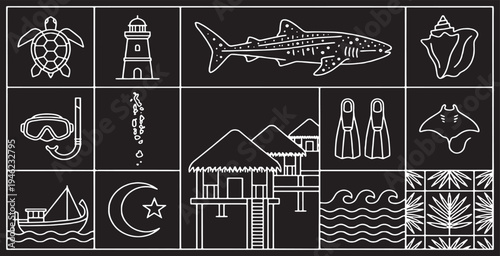 Collection of marine life and travel icons on a black background, including a turtle, shark, lighthouse, and tropical bungalows.