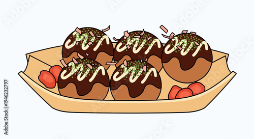 Vector Illustration of Delicious Japanese Takoyaki Octopus Balls in a Paper Boat