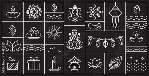 Collection of Indian cultural icons and symbols for Diwali festival celebration, presented in a modern line art style on a dark background.