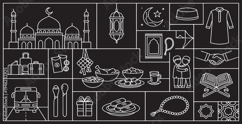 Ramadan Kareem celebration with traditional Islamic elements and festive food, outlined on a black background.
