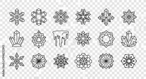 Collection of black and white snowflakes on transparent background winter icons set frosty designs