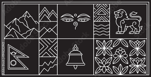 Collection of Nepali cultural symbols and icons in a minimalist line art style.