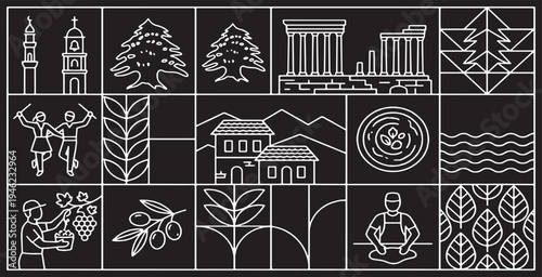 A collage of stylized line art icons representing Lebanese culture, landmarks, and nature.