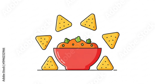 Vibrant red bowl filled with savory salsa surrounded by crispy yellow tortilla chips on white background