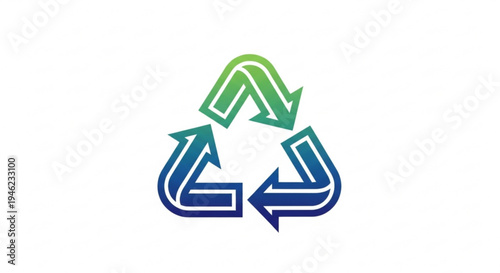 Recycling symbol with green and blue gradient arrows on white background representing eco friendly and sustainable practices