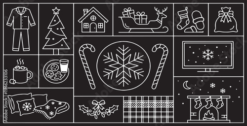 A collection of festive Christmas icons and illustrations on a black background, perfect for holiday designs.