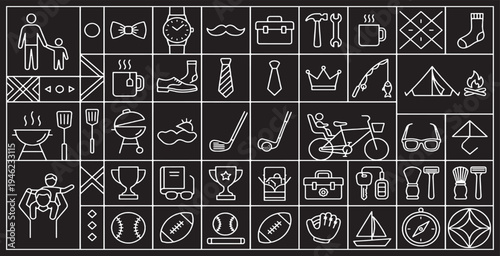 A collection of fatherhood and dad-related icons in a clean, white line art style on a black background.
