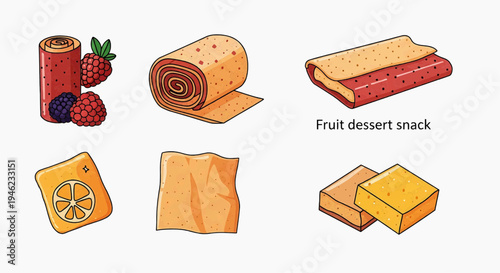 Assortment of Vibrant Fruit Snacks and Healthy Dehydrated Fruit Leathers, featuring Raspberry Rolls, Citrus Squares, and Apricot Chews, Ideal for Natural Dessert Concepts