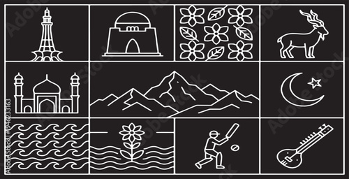 Collection of Pakistani cultural icons and landmarks in a minimalist line art style.
