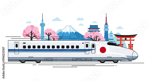 Japanese Bullet Train Shinkansen with Mount Fuji and Cherry Blossoms